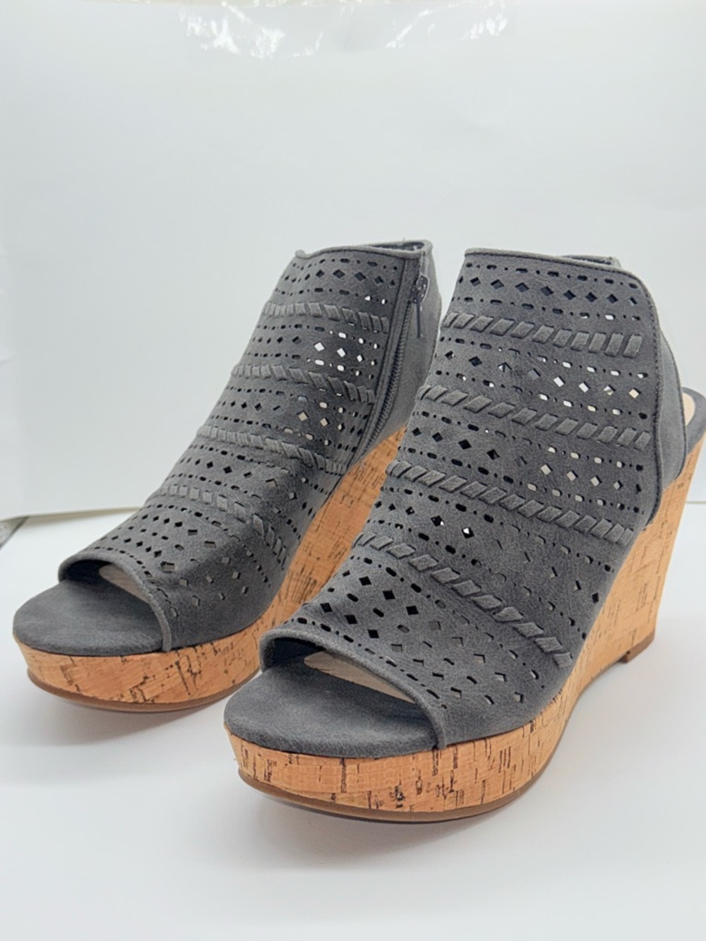 Fergalicious Gray Perforated Suede Cork Wedge Sandals - Picture 2 of 12